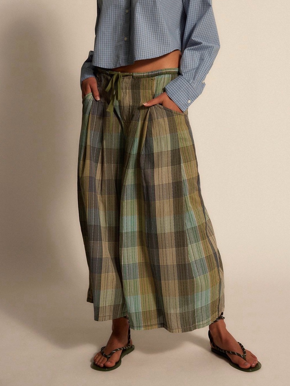 Telluride Wide-Leg Crop Pull-On Madras Pants